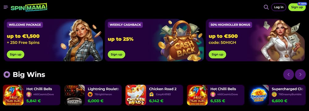 Ein dynamisches Online-Casino-Banner von Spinmama Casino mit einem Willkommensangebot von bis zu 1.500 € und 250 Freispielen, wöchentlichem Cashback von bis zu 25 % und einem Highroller-Bonus sowie einem „Big Wins“-Bereich mit aktuellen Großgewinnen bei beliebten Spielen.
